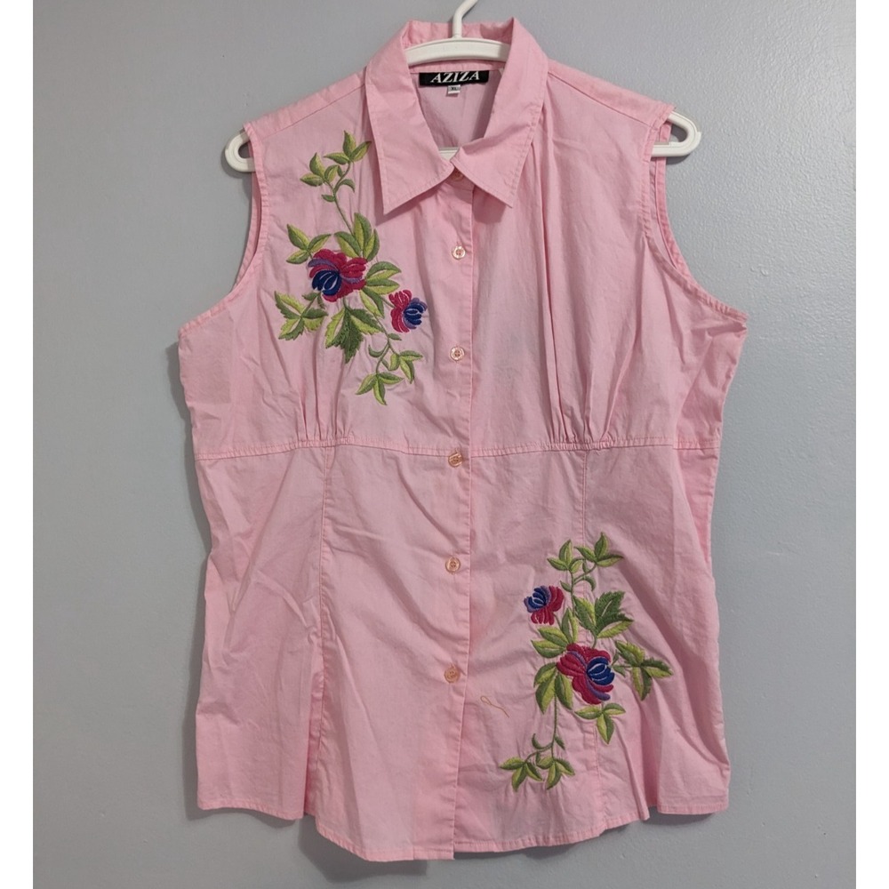 Aziza Embroidered Flowers Feminine Sleeveless Button Down Classic Shirt sz XL